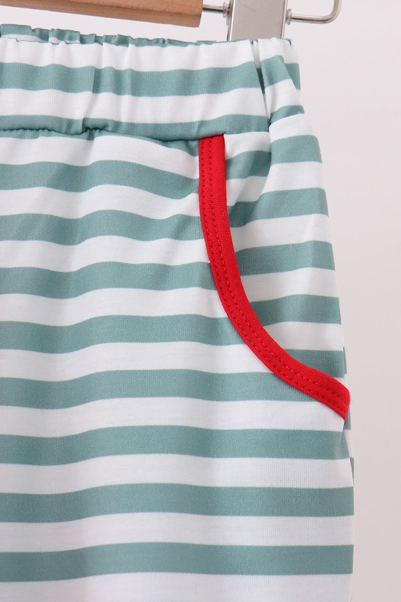Red Christmas Tree Embroidery Stripe Pants Set - Aaria Tees Aaria Tees