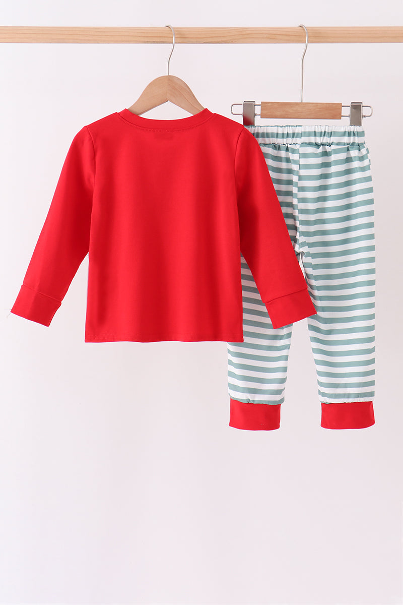 Red Christmas Tree Embroidery Stripe Pants Set - Aaria Tees Aaria Tees