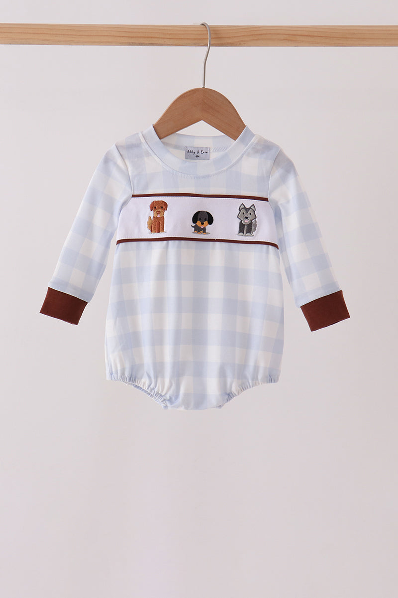 Blue Puppy Embroidery Gingham Bubble - Aaria Tees