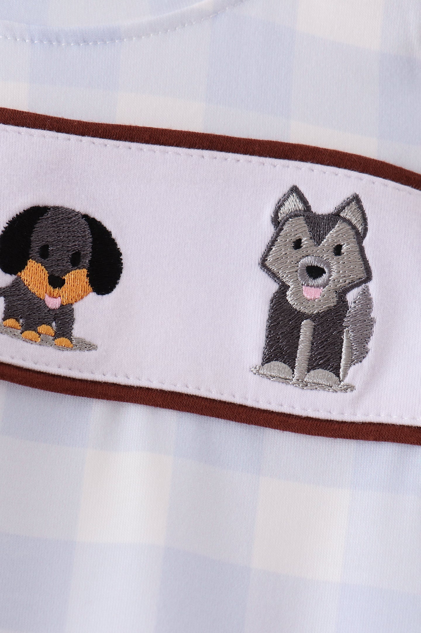 Blue Puppy Embroidery Gingham Bubble - Aaria Tees Aaria Tees