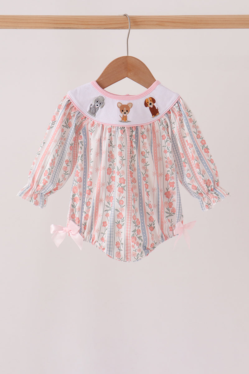 Pink Floral Puppy Embroidery Bow Bubble - Aaria Tees Aaria Tees