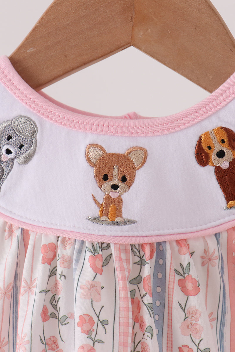 Pink Floral Puppy Embroidery Bow Bubble - Aaria Tees Aaria Tees