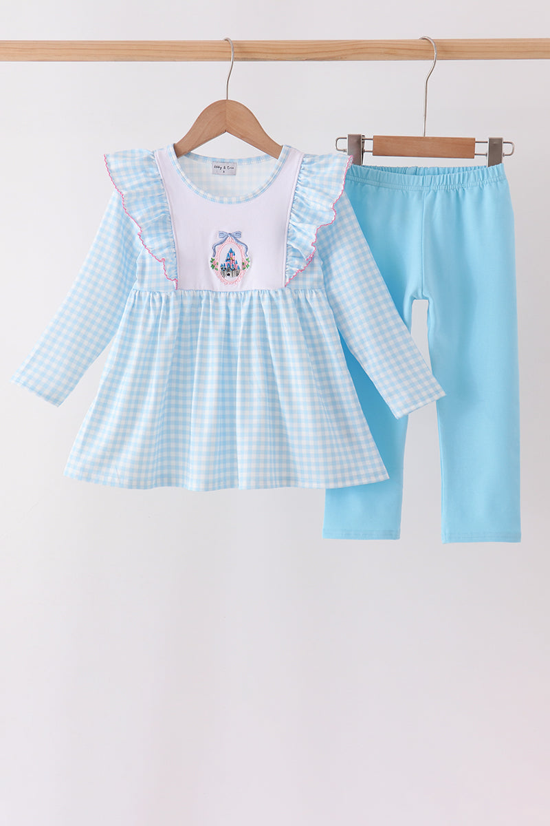 Blue Castle Embroidery Ruffle Pants Set - Aaria Tees Aaria Tees