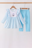 Blue Castle Embroidery Ruffle Pants Set - Aaria Tees Aaria Tees