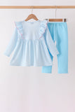 Blue Castle Embroidery Ruffle Pants Set - Aaria Tees Aaria Tees