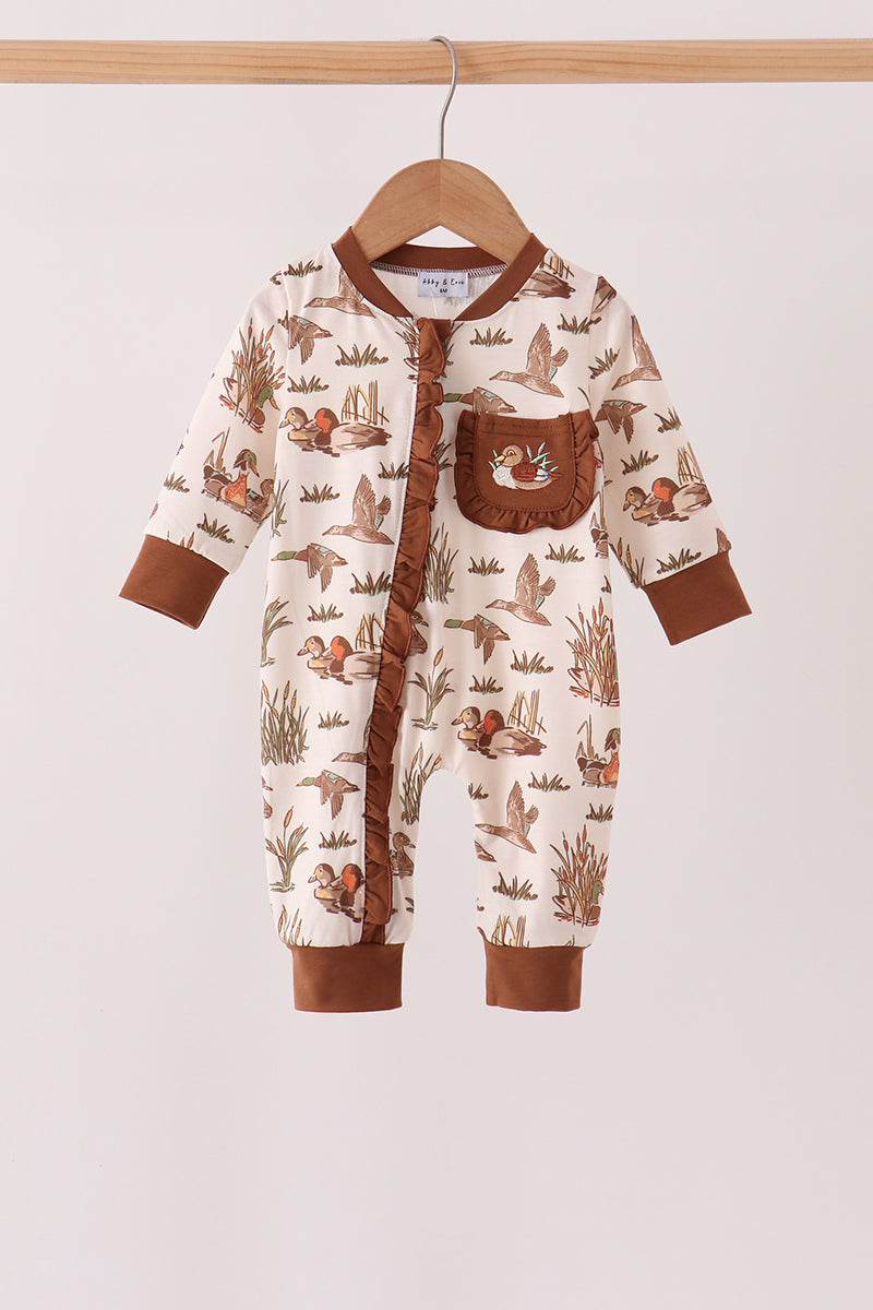 Brown Duck Embroidery Ruffle Romper - Aaria Tees
