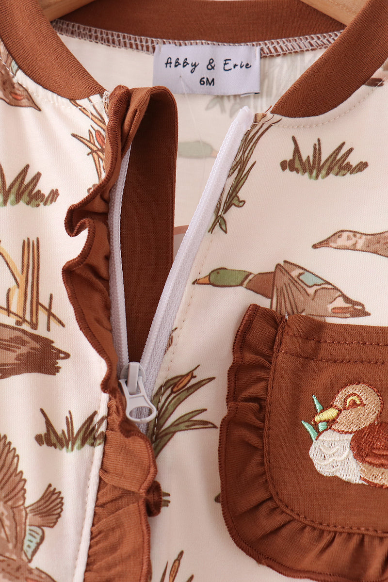 Brown Duck Embroidery Ruffle Romper - Aaria Tees Aaria Tees