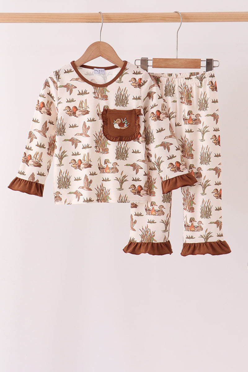 Brown Duck Embroidery Ruffle Pants Set - Aaria Tees