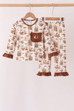 Brown Duck Embroidery Ruffle Pants Set - Aaria Tees Aaria Tees