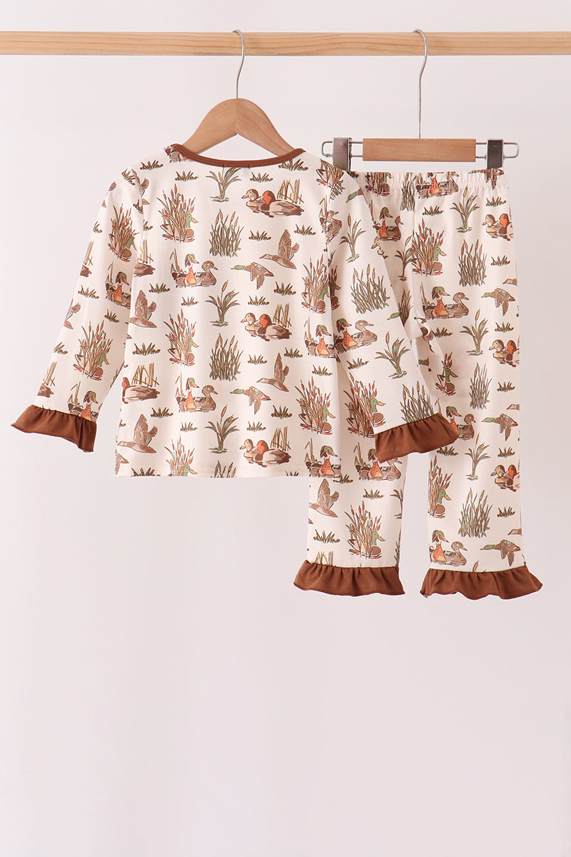 Brown Duck Embroidery Ruffle Pants Set - Aaria Tees Aaria Tees