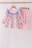 Pink Character Bow Embroidery Ruffle Pants Set - Aaria Tees Aaria Tees