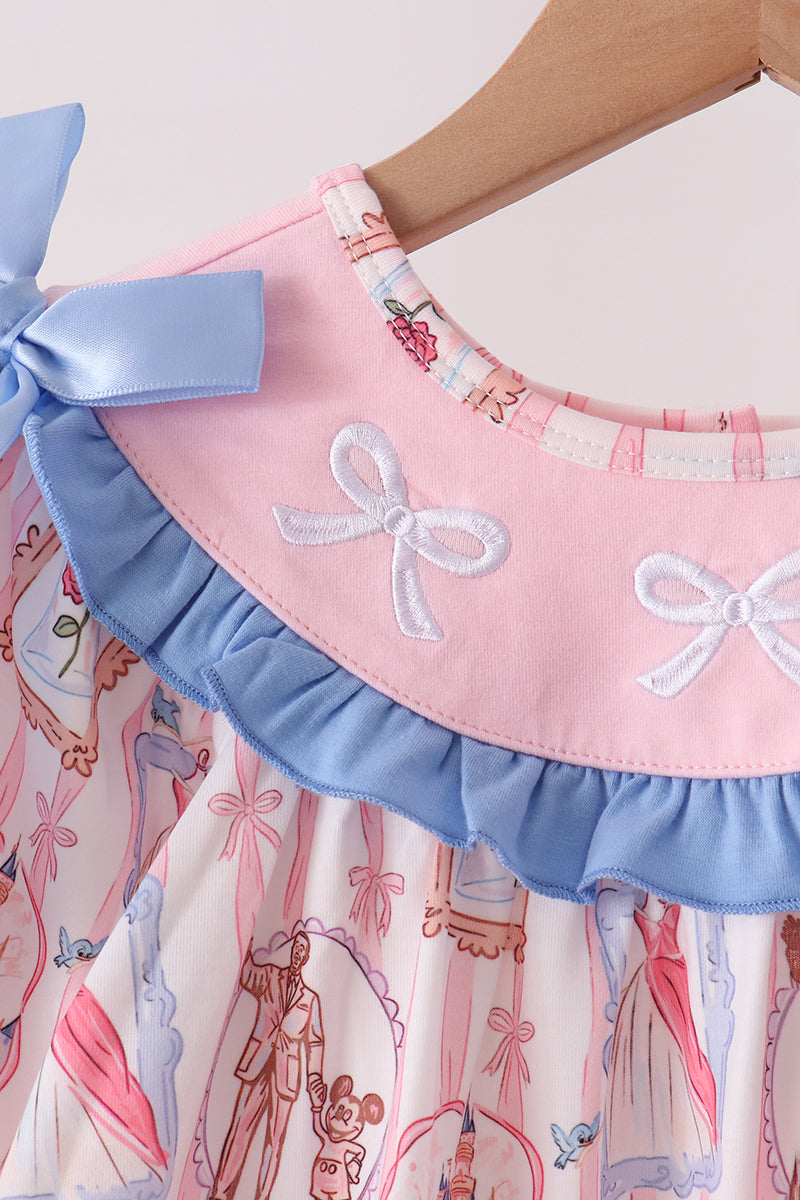 Pink Character Bow Embroidery Ruffle Pants Set - Aaria Tees Aaria Tees