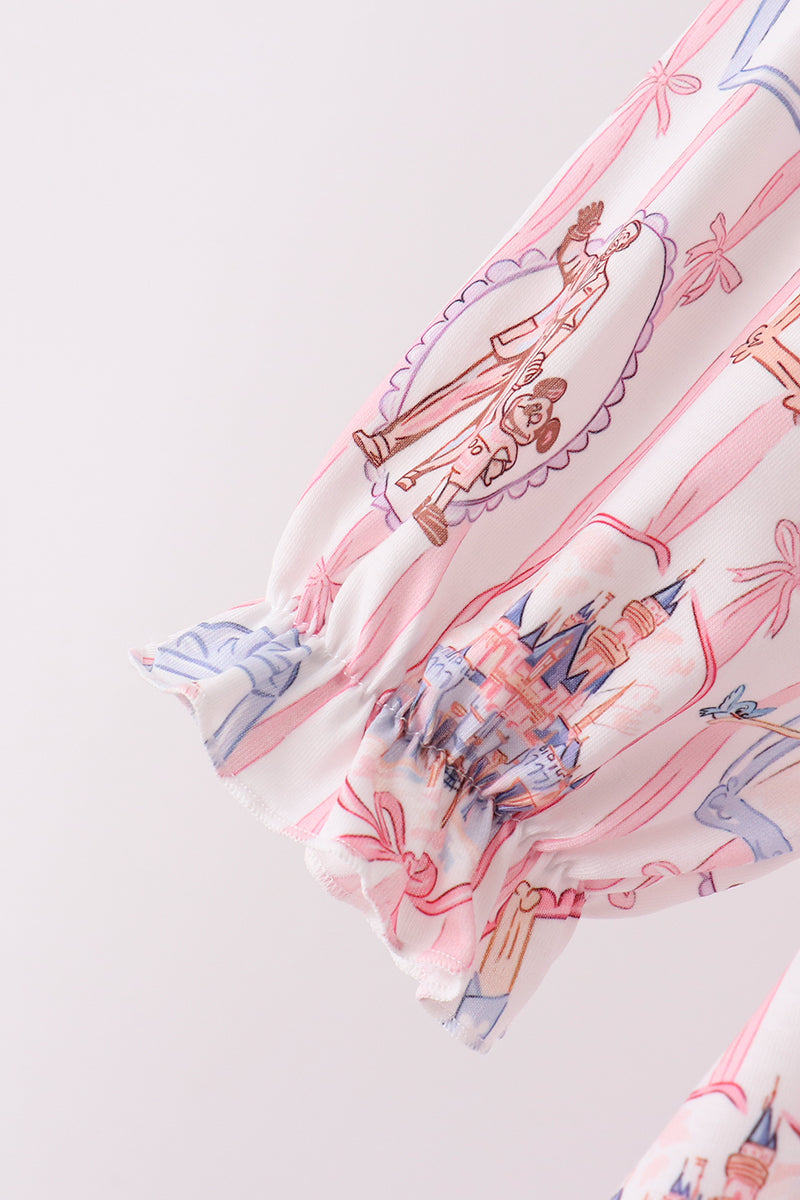 Pink Character Bow Embroidery Ruffle Pants Set - Aaria Tees Aaria Tees