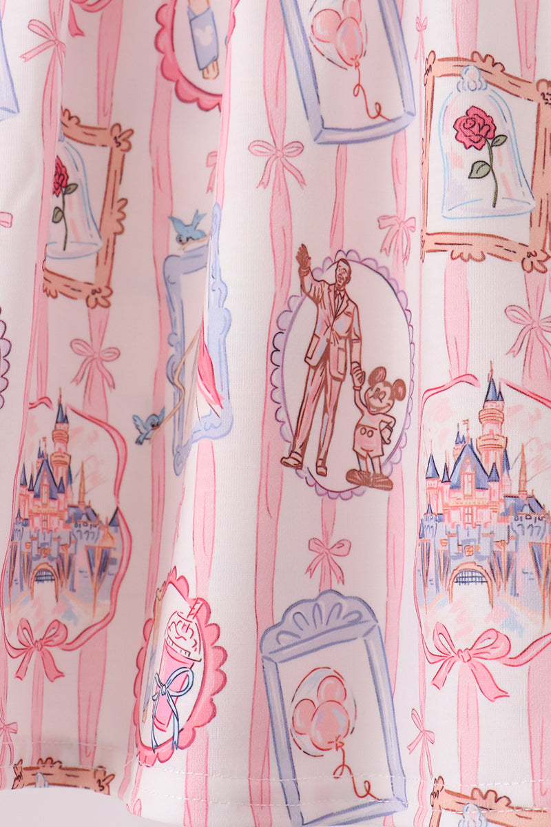 Pink Character Bow Embroidery Ruffle Pants Set - Aaria Tees Aaria Tees
