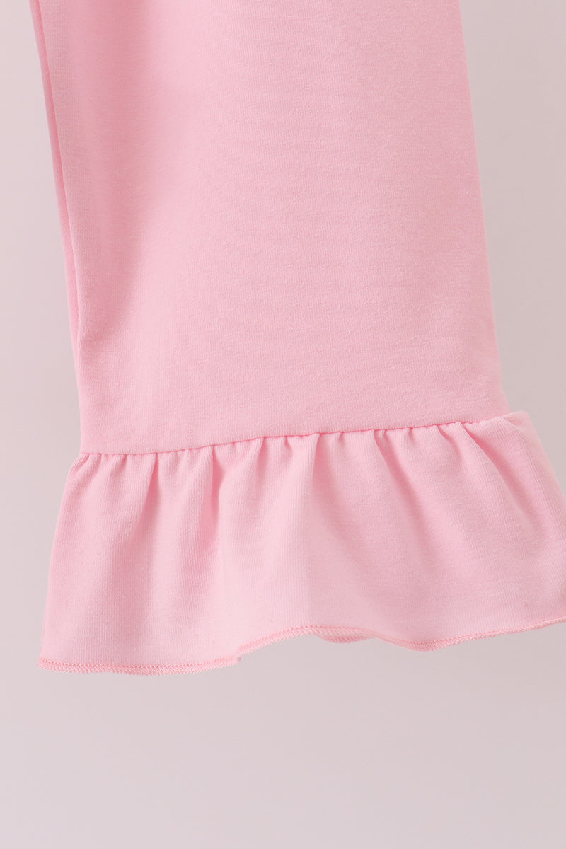 Pink Character Bow Embroidery Ruffle Pants Set - Aaria Tees Aaria Tees