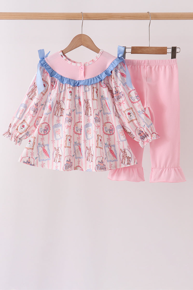 Pink Character Bow Embroidery Ruffle Pants Set - Aaria Tees Aaria Tees