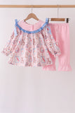 Pink Character Bow Embroidery Ruffle Pants Set - Aaria Tees Aaria Tees