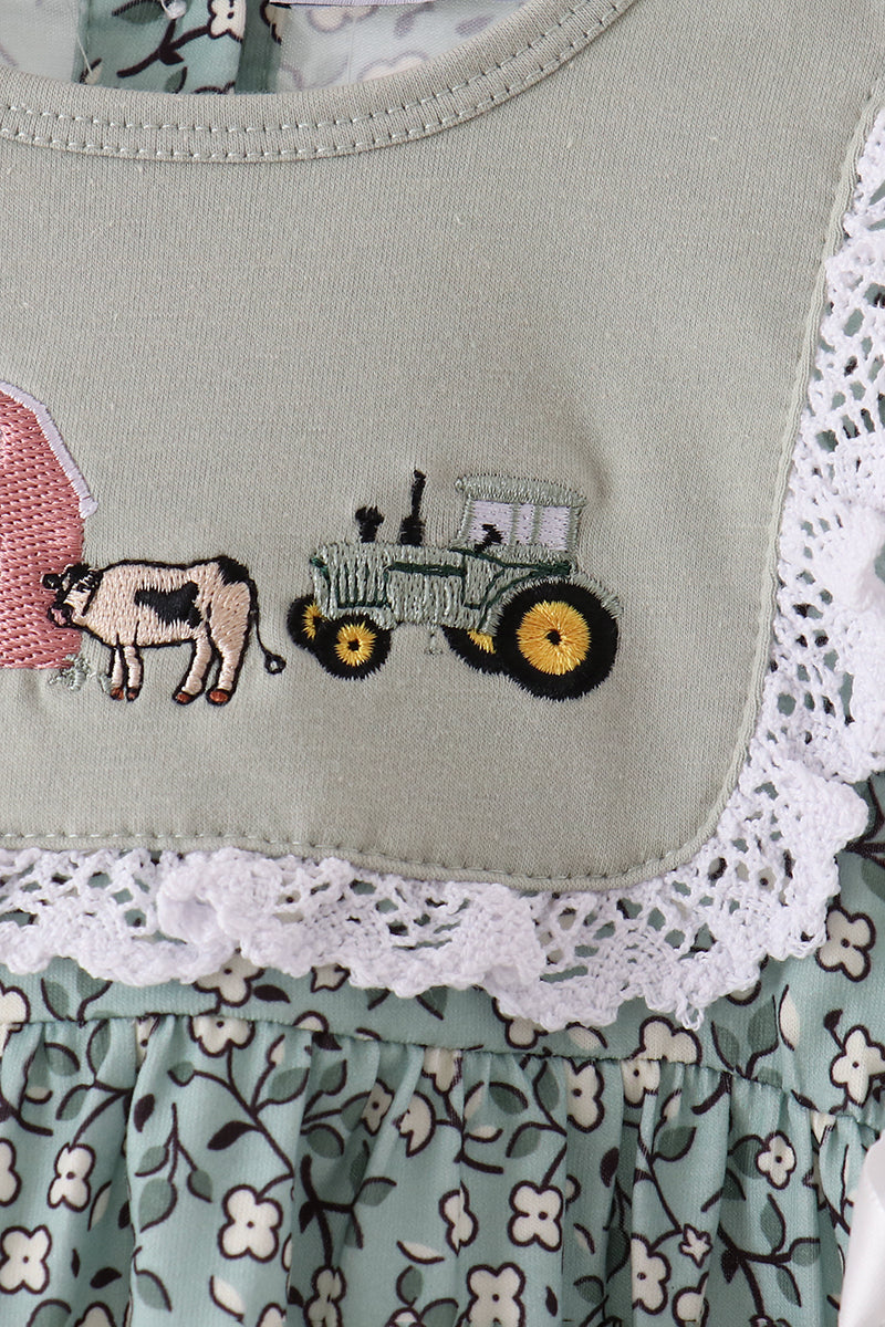 Green Farm Floral Embroidery Ruffle Bubble - Aaria Tees Aaria Tees