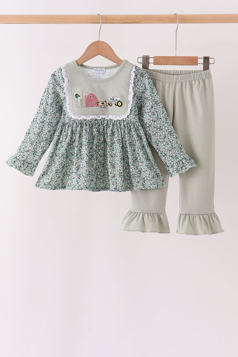 Green Farm Floral Embroidery Ruffle Pants Set - Aaria Tees