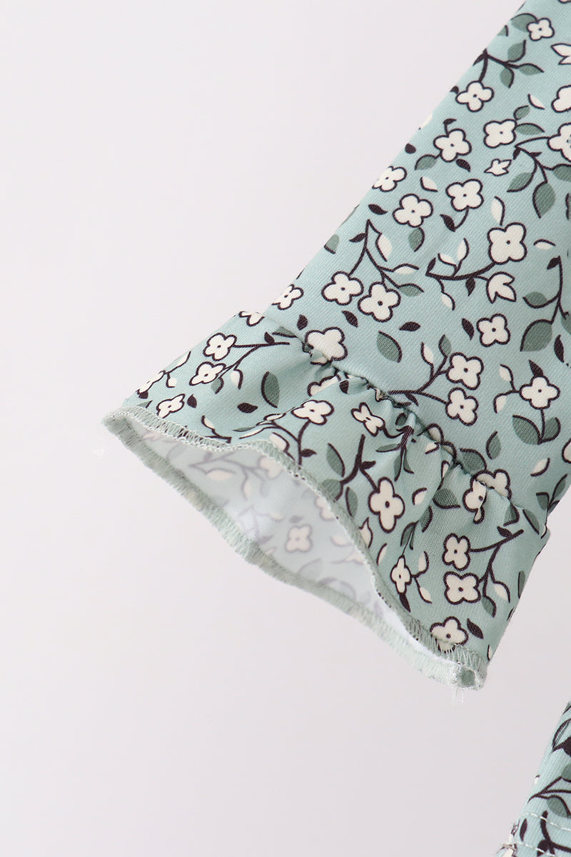 Green Farm Floral Embroidery Ruffle Pants Set - Aaria Tees Aaria Tees