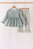Green Farm Floral Embroidery Ruffle Pants Set - Aaria Tees Aaria Tees