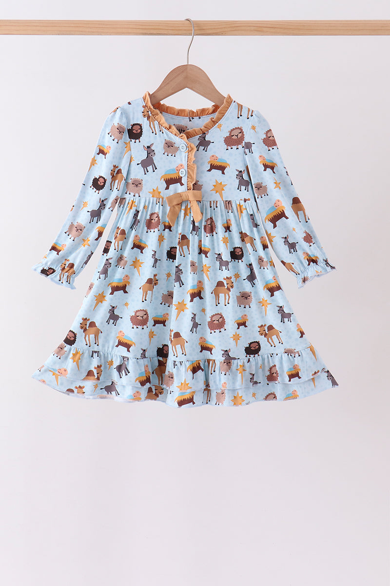 Blue Nativity Ruffle Bamboo Dress - Aaria Tees
