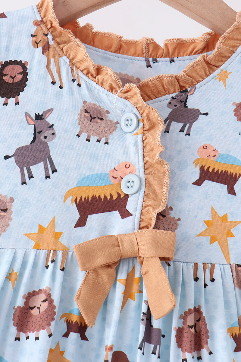 Blue Nativity Ruffle Bamboo Dress - Aaria Tees Aaria Tees