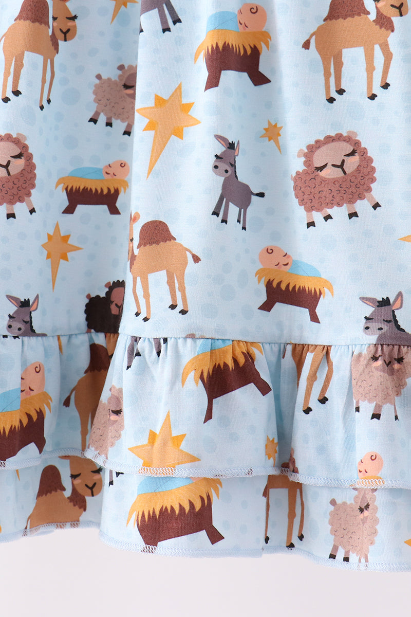 Blue Nativity Ruffle Bamboo Dress - Aaria Tees Aaria Tees