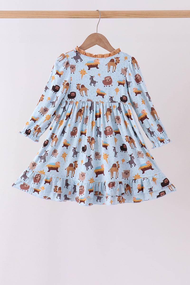 Blue Nativity Ruffle Bamboo Dress - Aaria Tees Aaria Tees