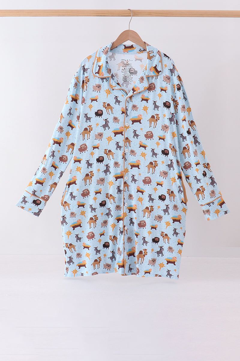 Blue Nativity Ruffle Bamboo Mom Dress - Aaria Tees