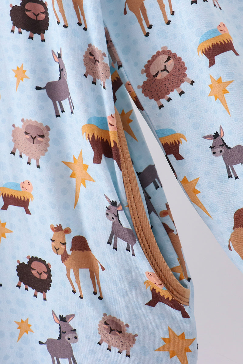 Blue Nativity Ruffle Bamboo Mom Dress - Aaria Tees Aaria Tees