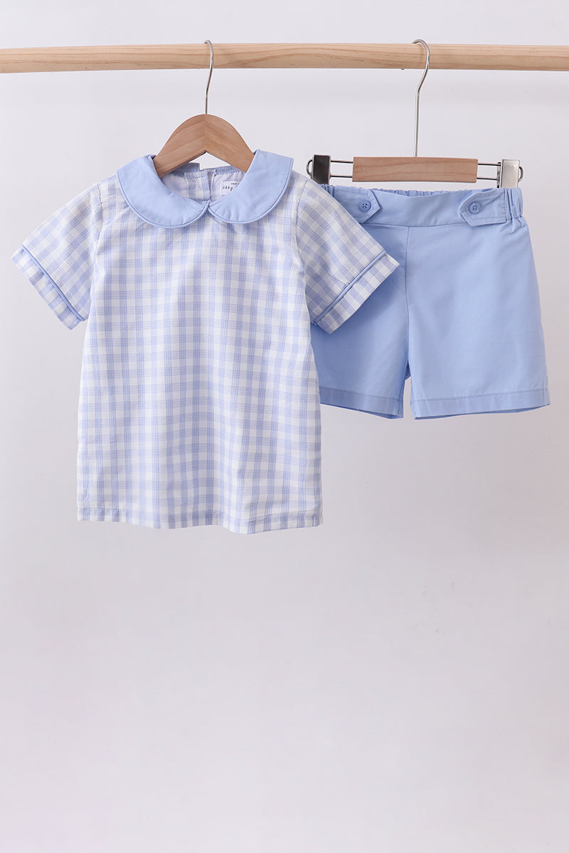 Blue plaid peter pan collar shorts set - Aaria Tees