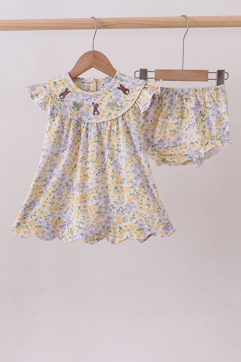 Mustard floral bunny embroidery bloomer set - Aaria Tees Aaria Tees
