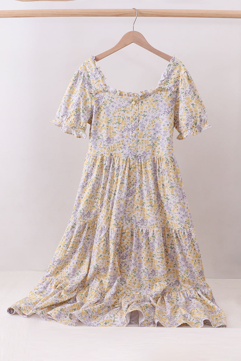 Floral print puff sleeve tiered dress - Aaria Tees