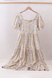Floral print puff sleeve tiered dress - Aaria Tees Aaria Tees