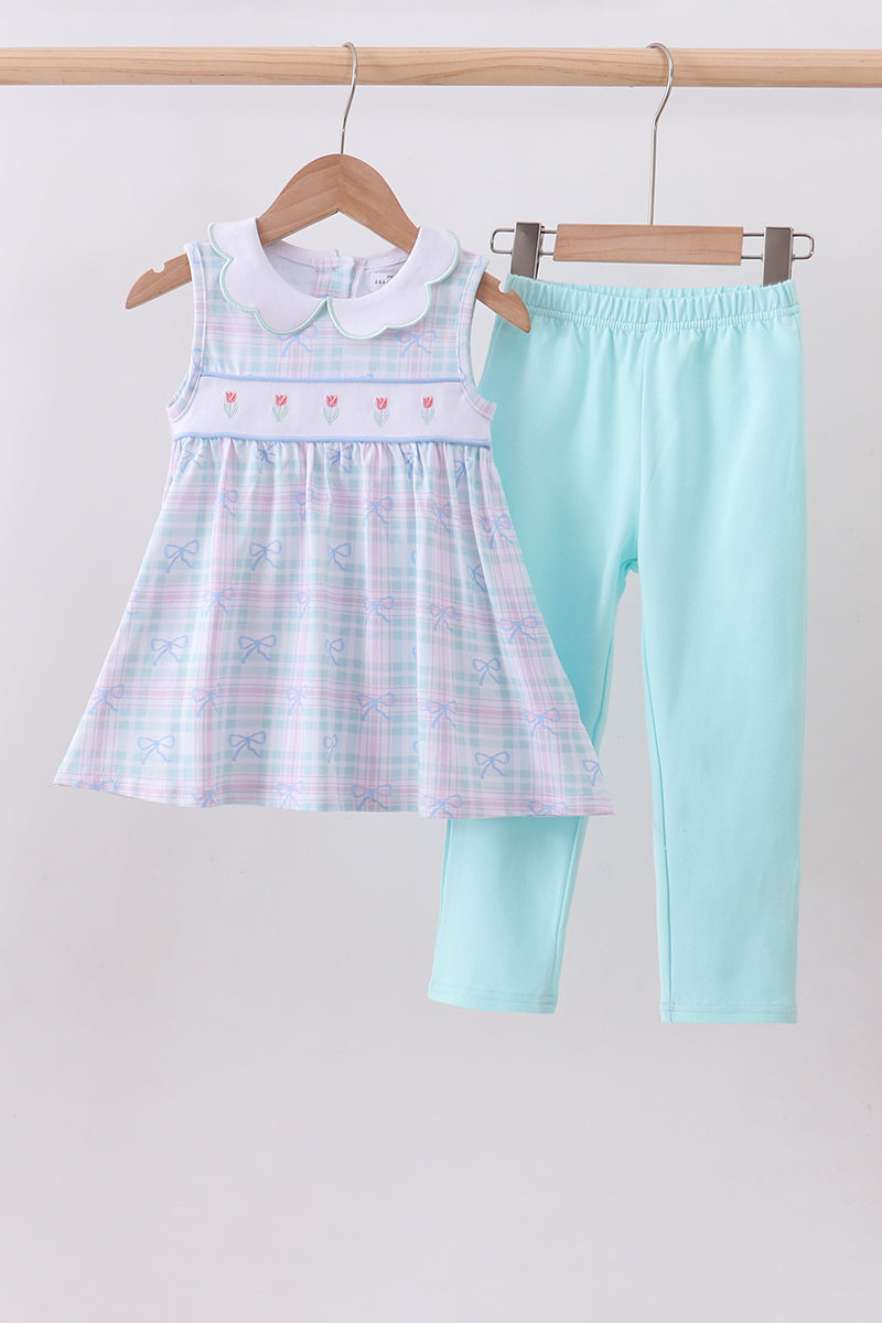Blue plaid bow floral pants set - Aaria Tees