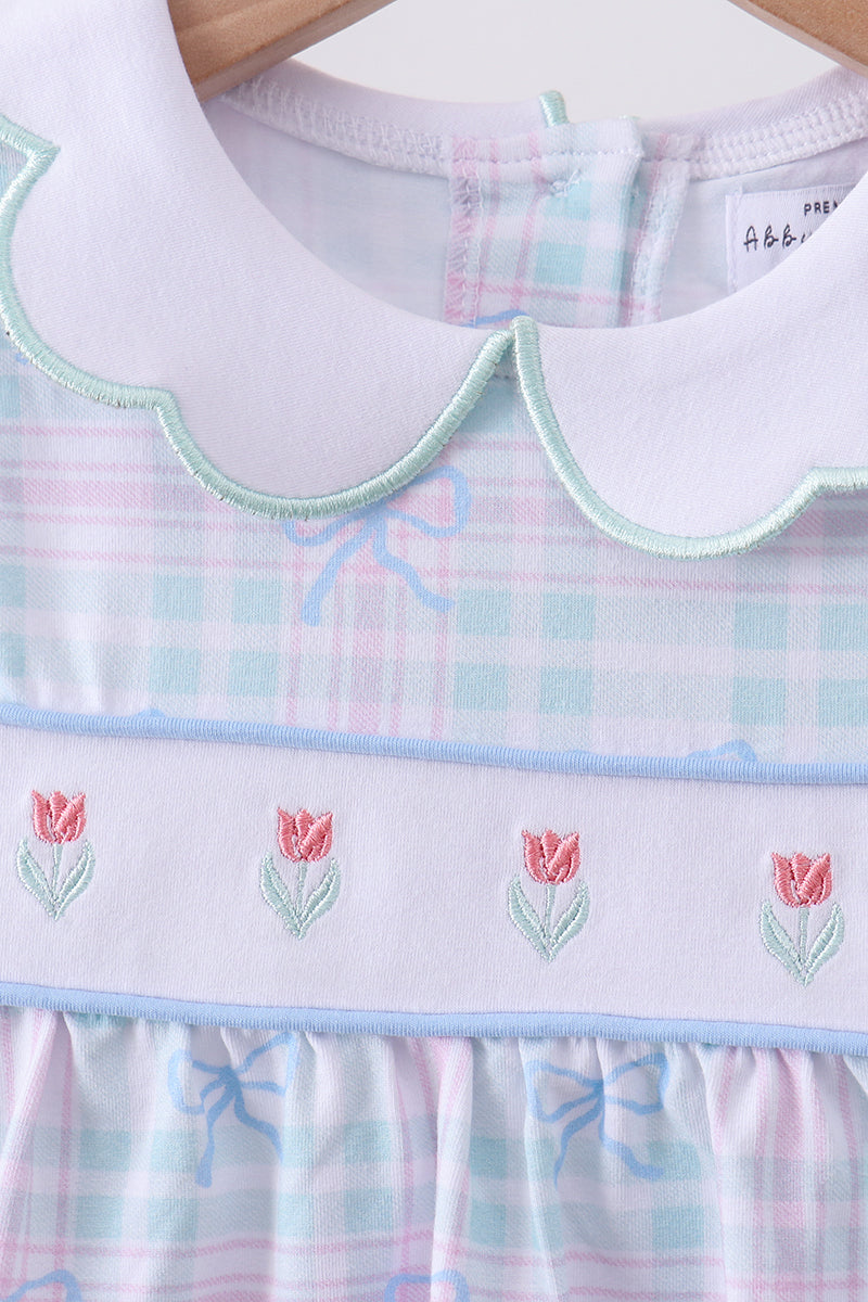 Blue plaid bow floral pants set - Aaria Tees Aaria Tees