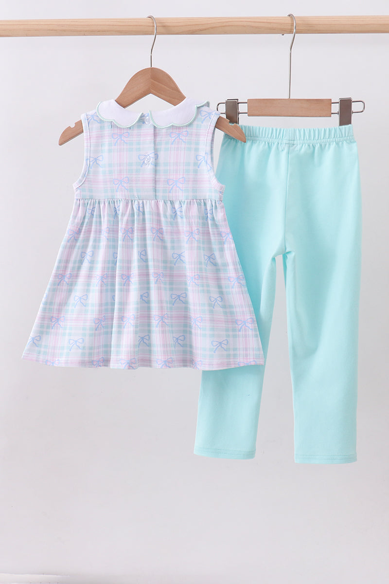 Blue plaid bow floral pants set - Aaria Tees Aaria Tees
