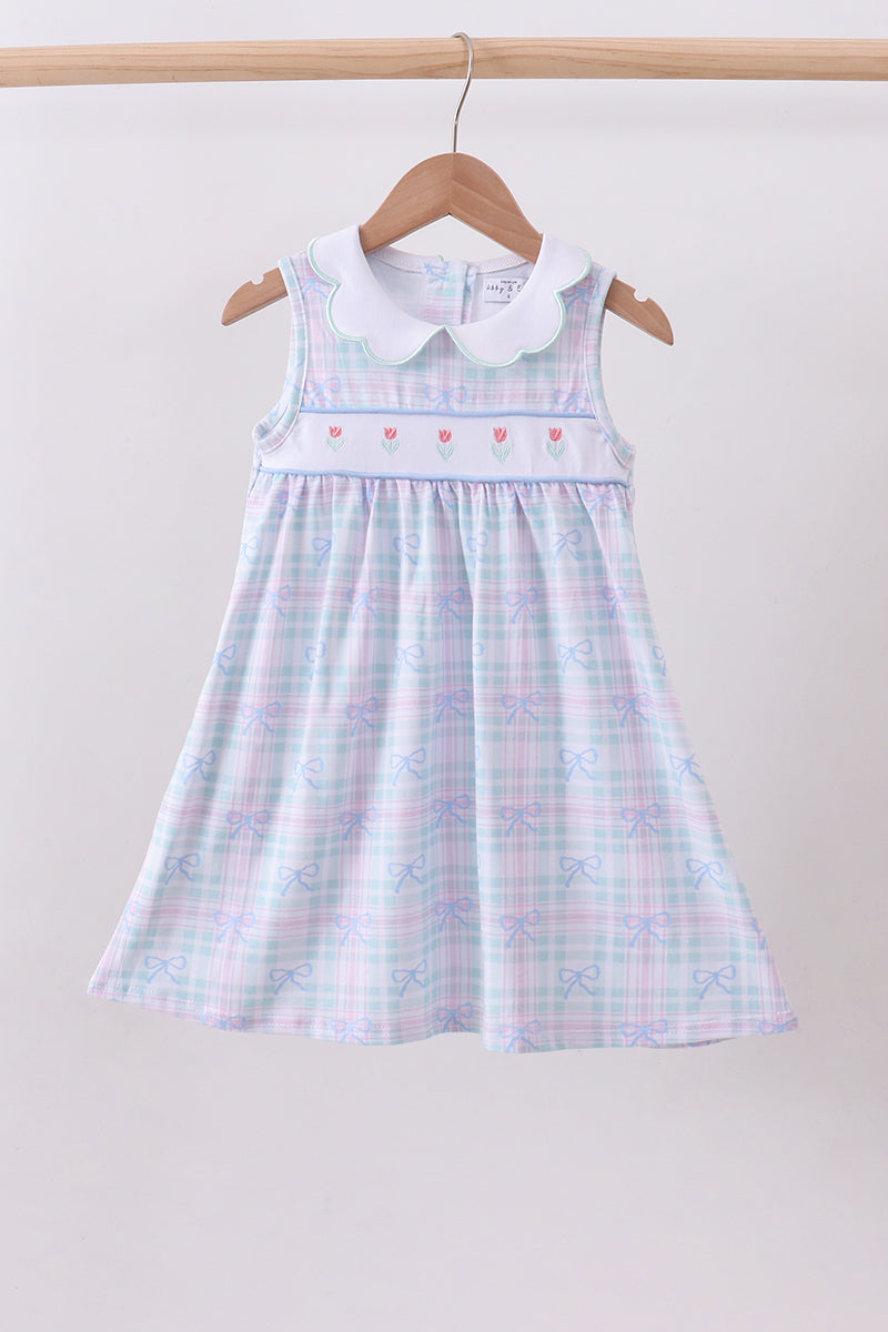 Blue plaid bow floral dress - Aaria Tees Aaria Tees