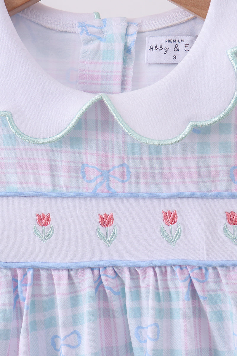 Blue plaid bow floral dress - Aaria Tees Aaria Tees