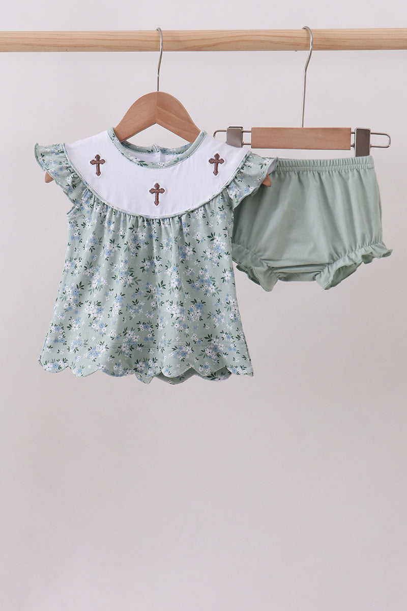 Sage floral cross embroidery ruffle bloomer set - Aaria Tees Aaria Tees