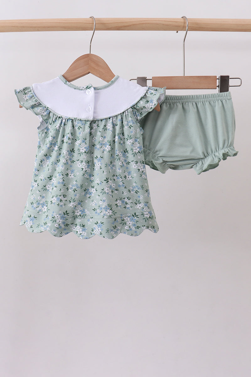 Sage floral cross embroidery ruffle bloomer set - Aaria Tees Aaria Tees