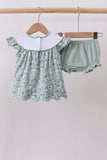 Sage floral cross embroidery ruffle bloomer set - Aaria Tees Aaria Tees