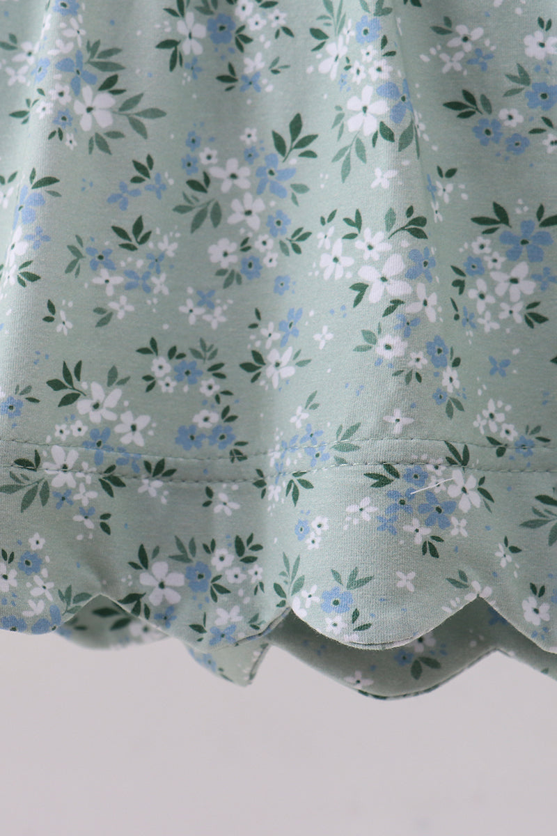 Sage floral cross embroidery ruffle bloomer set - Aaria Tees Aaria Tees