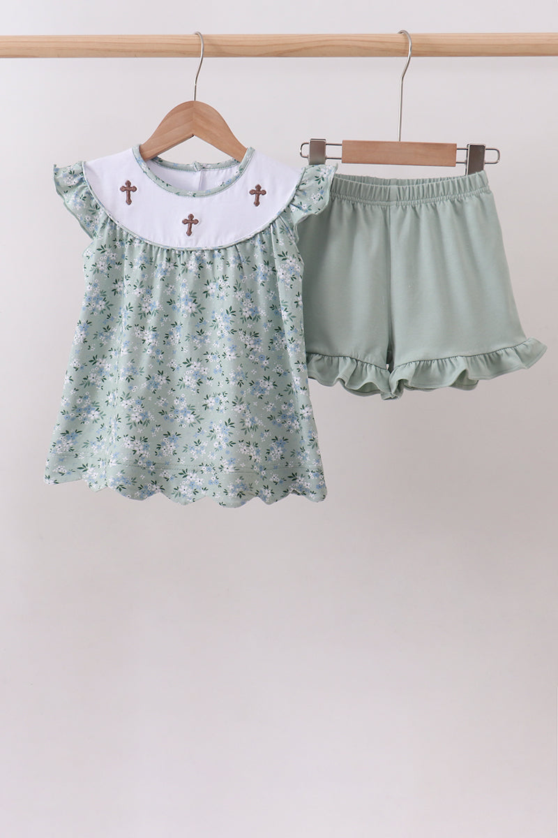 Sage floral cross embroidery ruffle shorts set - Aaria Tees