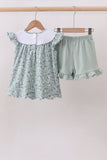 Sage floral cross embroidery ruffle shorts set - Aaria Tees Aaria Tees