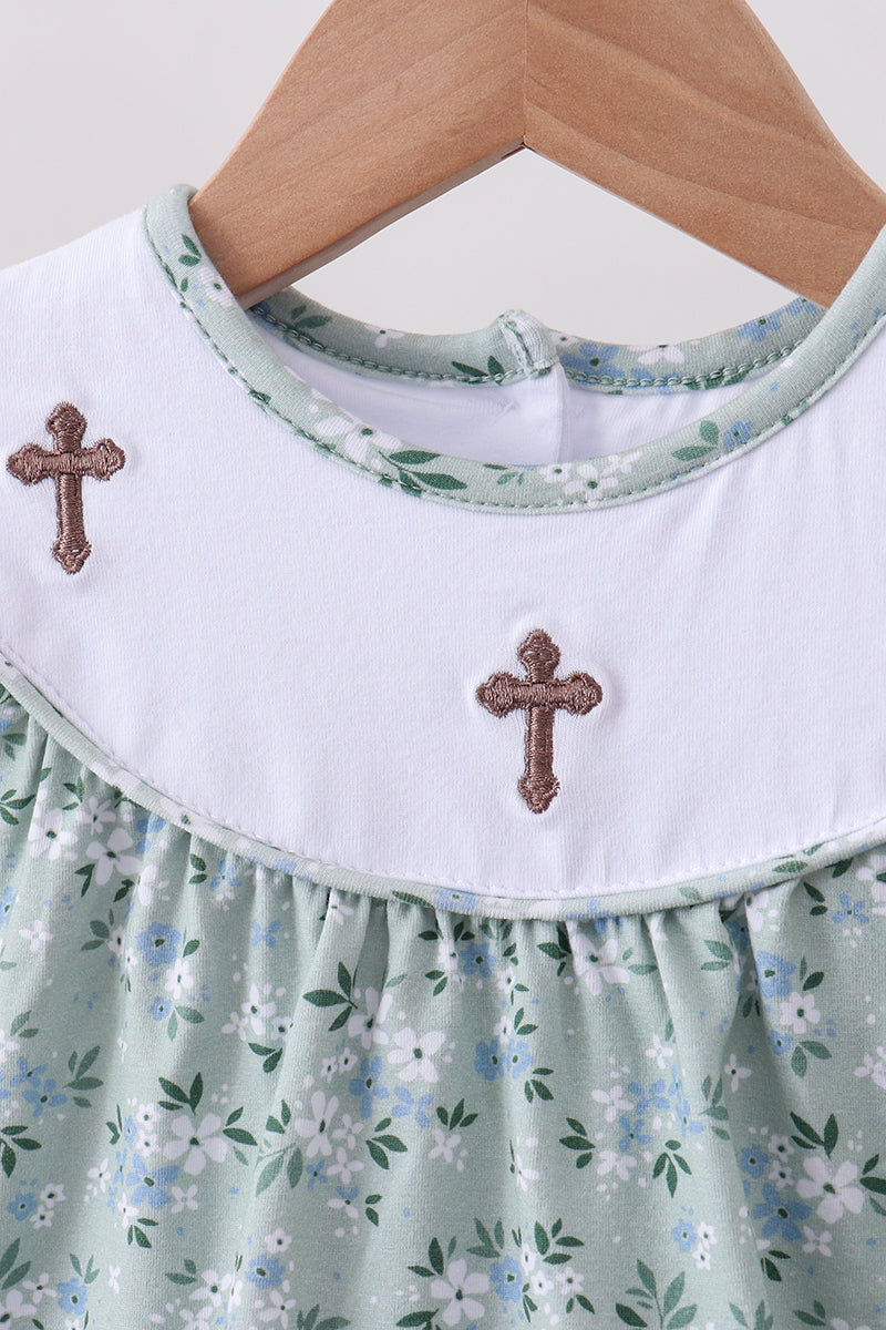 Sage floral cross embroidery ruffle shorts set - Aaria Tees Aaria Tees