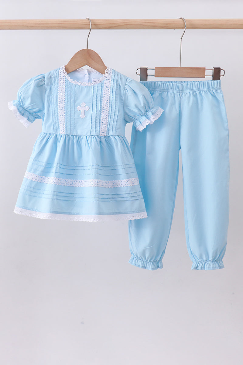Blue cross embroidery lace pants set - Aaria Tees