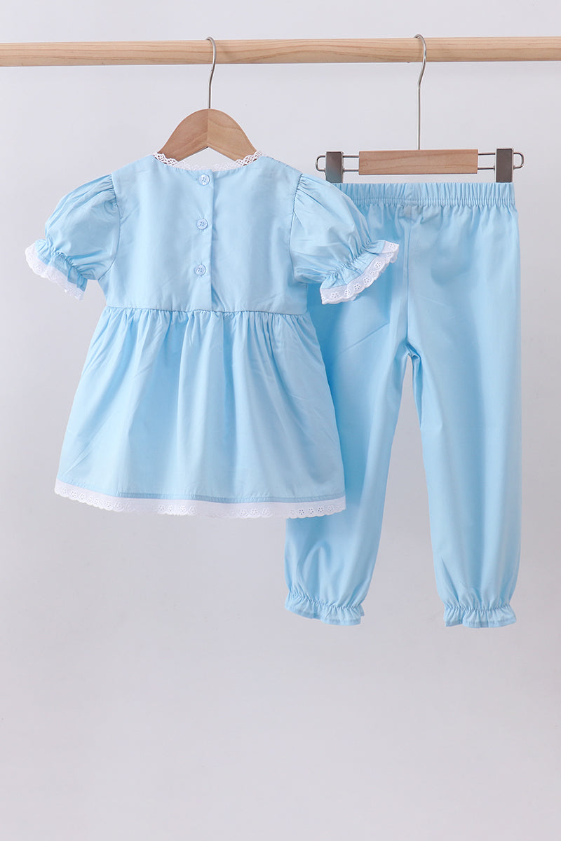 Blue cross embroidery lace pants set - Aaria Tees Aaria Tees