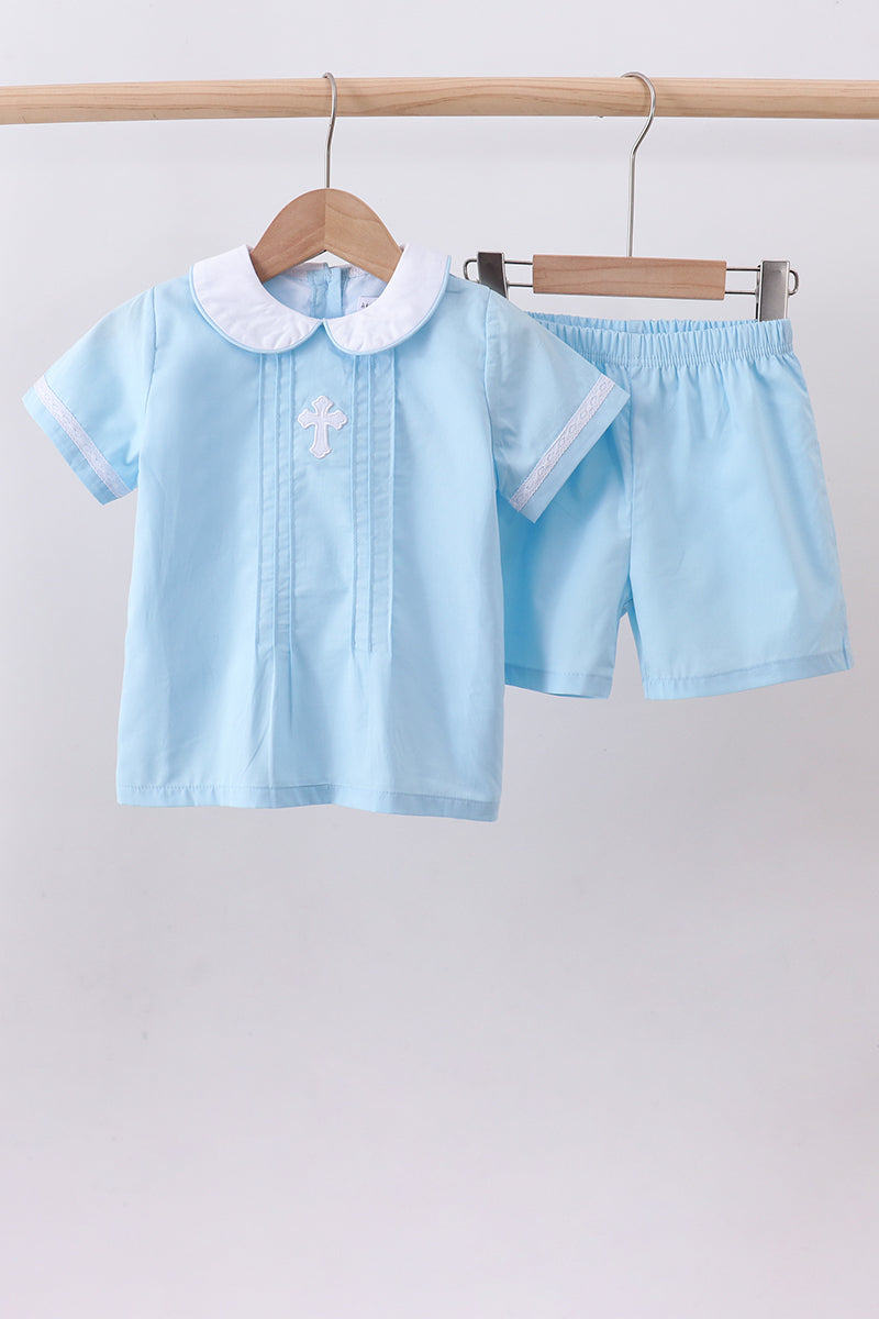 Blue cross embroidery shorts set - Aaria Tees